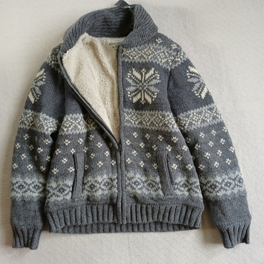 Abercrombie & Fitch vintage sherpa lined fair isle nordic zip jacket y2k XXL a&f